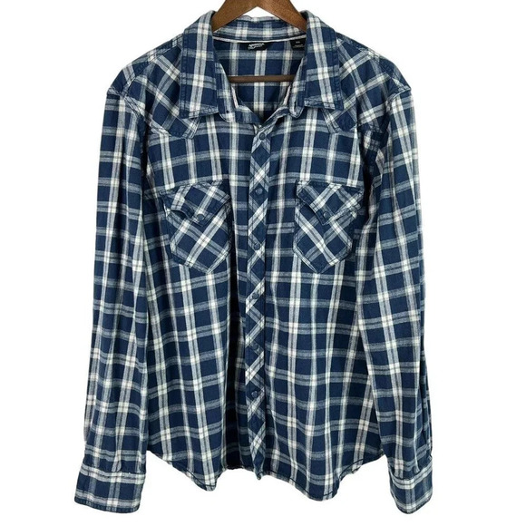 Arizona Jeans Co Mens Flannel Shirt Size XXL Blue Plaid Medium Weight Snap Close - Picture 1 of 7